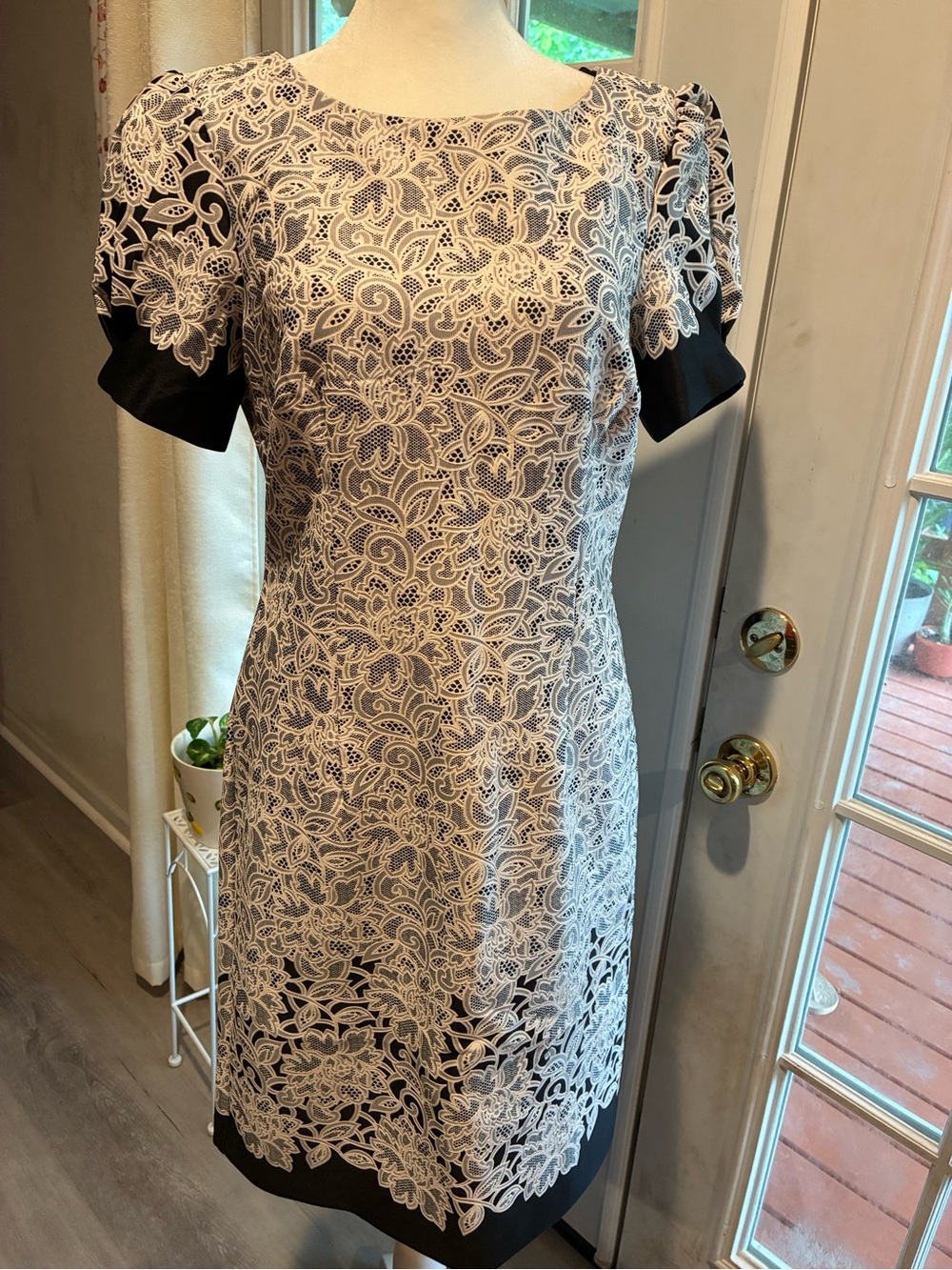 Leslie Fay Black Dress with White Lace Overlay